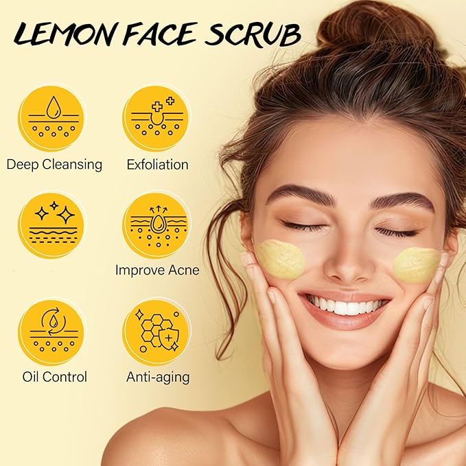 Lemon Face Scrub with Glycolic Acid Microdermabrasion Facial Scrub AHA Exfoliating for Women Men Safe Vegan Improves Acne Blackheads Soft Soothing without Irritation