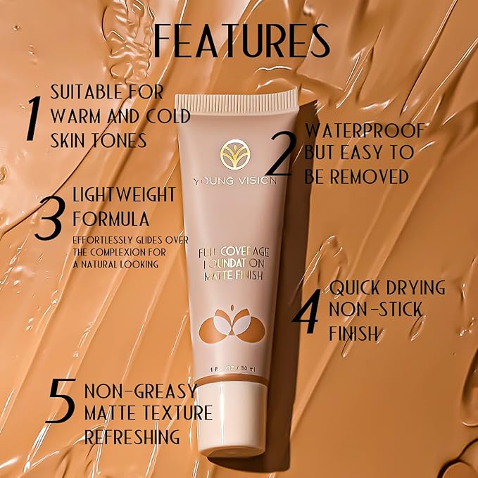 YOUNG VISION Full Coverage Longwear Foundation, Matte Finish, Waterproof, Poreless Liquid Foundation Makeup, 1 fl.oz