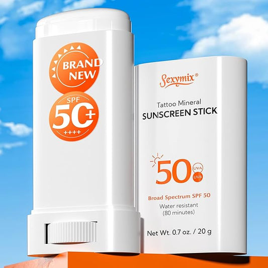 Sexymix Tattoo Sunscreen Stick, SPF 50 Waterproof Sunscreen Stick Broad Spectrum UVA/UVB Protection 0.7 oz with Zinc Oxide, Tattoo Aftercare Sunscreen for Tattoos Non-Dirty Hands Available Anytime