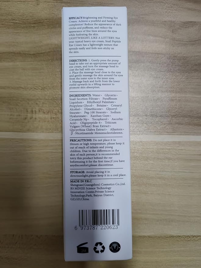 Snail Peptide Eye Cream, Snail Mucin Eye Cream Contains Niacinamide, Hyaluronic Acid To Reduce Wrinkles, Dark Circles, Puffiness and Fine Lines 17 ML