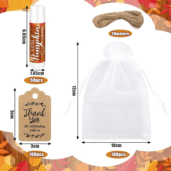 Demissle 50 Pcs Baby Shower Lip Balm Gift Set with 100 Pcs Organza Bags Baby Shower Party Favor for Guest Thank You Tag Rope Baby Shower Party Decoration Gender Reveal Souvenirs(Pumpkin)