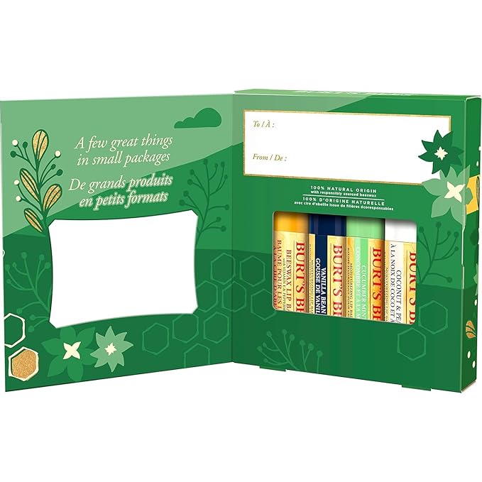 Burt's Bees Holiday Gift, 4 Lip Balms Stocking Stuffer, Assorted Mix Set, Classic Beeswax, Vanilla, Cucumber Mint & Coconut And Pear