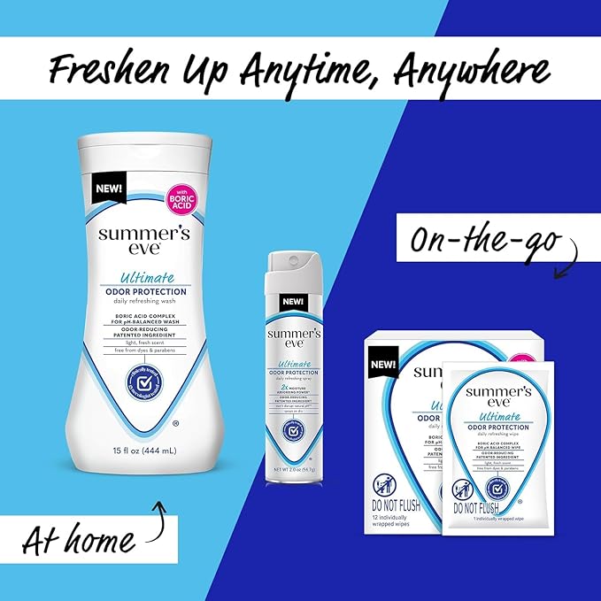 Summer's Eve, Whole Body Deodorant for Women, Ultimate Odor Control, Aluminum Free Deodorant, 3 Fl Oz + Daily Feminine Wipes with Boric Acid, Removes Odor, On-the-go Body Wipes with pH Balance, 12 ct