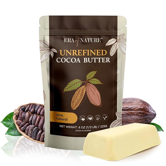 Era of Nature Cocoa Butter Raw – 100% Pure & Unrefined, Cold-Pressed Cacao – For DIY Skincare & Haircare – Deep Hydration for Skin, Hair, Lips – Stretch Mark & Scar Care – Natural Chocolate Scent, 8oz