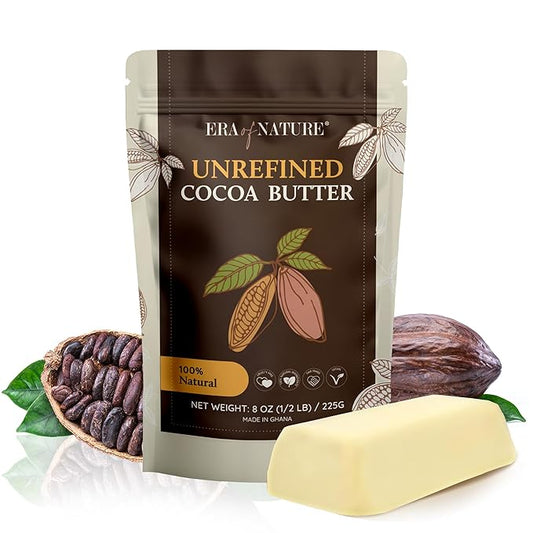 Era of Nature Cocoa Butter Raw – 100% Pure & Unrefined, Cold-Pressed Cacao – For DIY Skincare & Haircare – Deep Hydration for Skin, Hair, Lips – Stretch Mark & Scar Care – Natural Chocolate Scent, 8oz