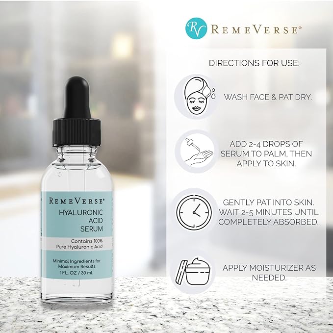 RemeVerse Hyaluronic Acid Serum - 100% Pure Formulation for Face, Lips & Décolleté - Intense Moisture for Dry Skin & Fine Lines - Wrinkle-Reducing Formula for a Youthful & Plump Appearance, 1 oz