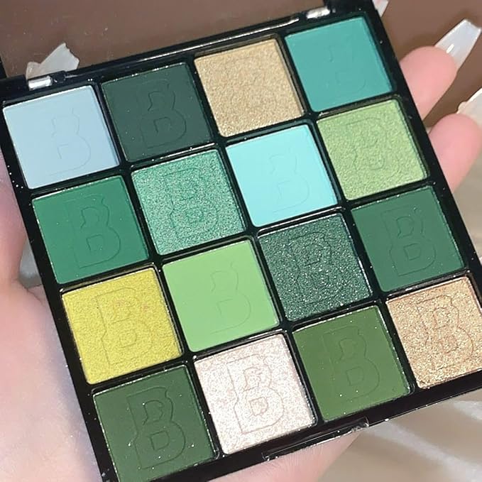 St Patricks Day16 Colors Green Glitter Matte Eyeshadow Makeup Palette,Forest Green Yellow Colorful Eye Shadow Plattet Highly Pigmented Dark Green Eyeshadow for Cosplay Halloween SFX