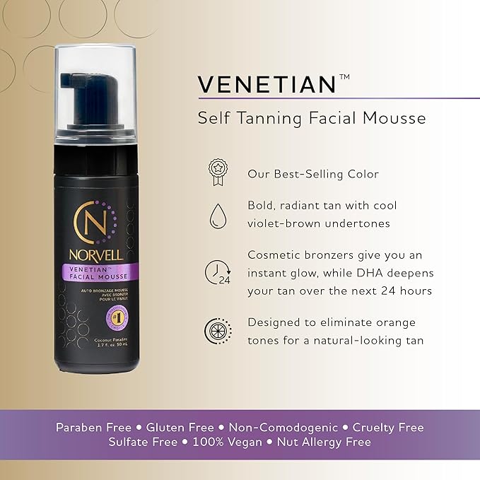 Norvell Venetian Sunless Facial Self Tanner Mousse with Bronzer, 1.7 Fl Oz - Instant Self Tanning - Natural Looking - Anti-Orange - Fake Tan for Bronzing Glow