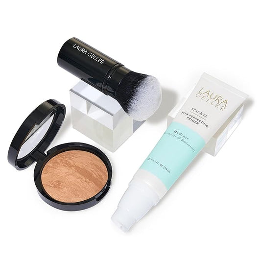 LAURA GELLER NEW YORK Laura's Must-Haves Kit 3pc: Baked Balance-n-Brighten Powder Foundation, Golden Medium + Spackle Skin Perfecting Makeup Primer, Hydrate + Airbrush Round Kabuki Brush