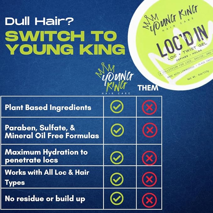 YOUNG KING HAIR CARE Loc & Twist Gel | Strong & Firm Hold, Smooths & Tames Frizz | No Flaking or Residue | Lemongrass and Apple Cider Vinegar | For Locs, Dreads, Braids, Twists | 4oz