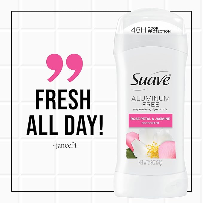 Suave Aluminum Free Deodorant for Women, Rose Petal and Jasmine, 48-Hour Odor Protection, Free of Talc, Parabens & Dyes 2.6 oz (Pack of 12)