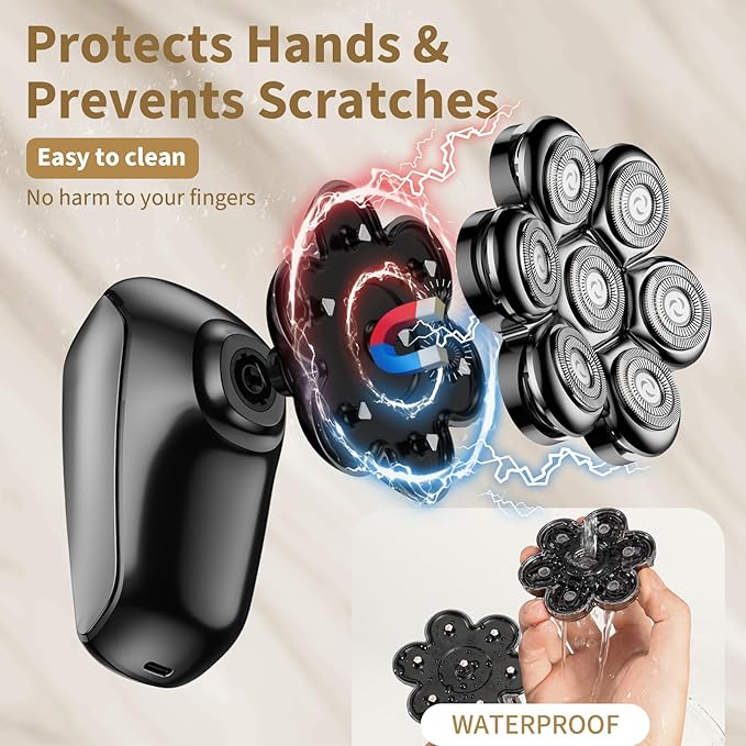 Detachable Head Shavers, SHPAVVER 5 in 1 Electric Razor IPX7 Waterproof for Bald Men, Wet Dry LED Display Rechargeable 7D Rotary Shaver Grooming Kit with Type C Charge A，Gray Black