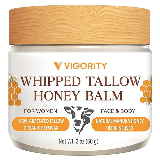 Vigority Beef Tallow and Honey Balm: Organic Grass Fed Whipped Beef Tallow for Skin - Beef Tallow Face Moisturizer Infused with Manuka Honey, Beeswax and Olive Oil - 2 oz, Unscented