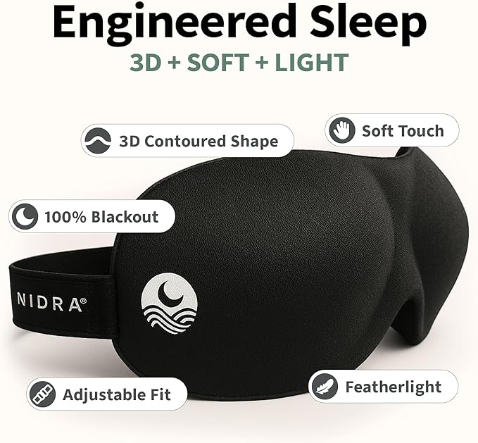 Nidra Contoured Sleep Mask for Side Sleepers – Zero Pressure Fit, Light Blocking Eye Shade for Sleeping & Travel – Blue, Standard Size