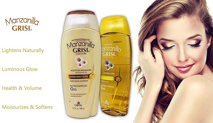 Manzanilla Grisi Premium Bathroom Bundle - Styling Gel, Gold Lightener and Detangler, and a Chamomile Conditioner + Shampoo Set