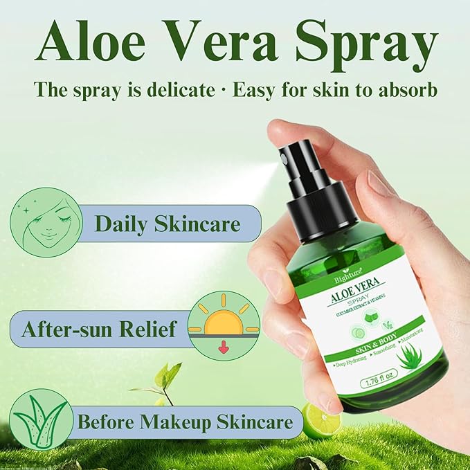 Aloe Vera Spray for Whole Body Skin, Aoe Vera Spray Extract from Freshly Cut Aloe and Infused wirh Cucumber Essence，Fast Absorbing, Easy to Use, Travel Set, 1.73 oz