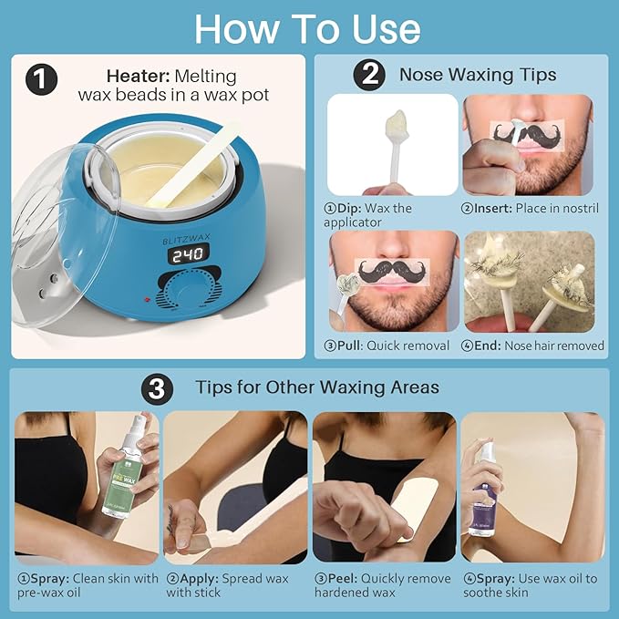 BLITZWAX Back and Nose Waxing Kit for Men, Hard Wax Warmer for Brazilian, Body and Face, At Home Hair Removal Kit, Beginner Friendly, Quick Heating, 93 Accessories, Royal Blue
