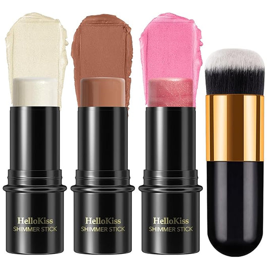 3 Pcs Face Contour Stick Kit, Matte Finish Face Stick Trio with Bronzer Blush Highlighter and Brush, Long Lasting Waterproof Cream Beauty Wand Makeup Set for Sculpt Glowing Face Look (#2, 7, 11)