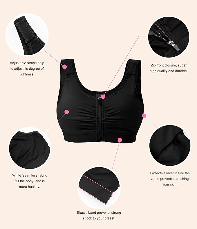 BRABIC Zip Front Closure Everyday Bra for Women Post Surgery Compression Support with Adjustable Straps Wirefree
