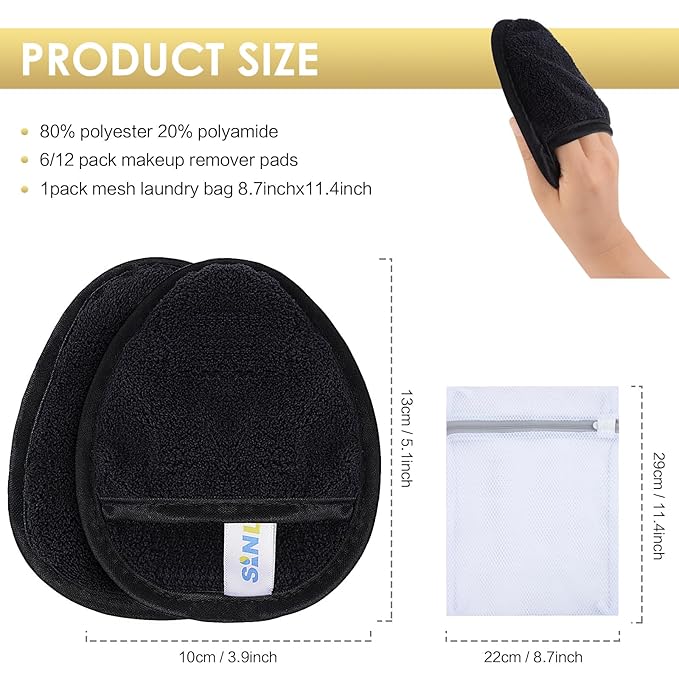 SINLAND Reusable Makeup Remover Pads For Face,Eye,Lips Microfiber Gentle Facial Cleansing Cloths for All Skin Types Friendly for Makeup Remover With Laundry Bag Black Pack of 6