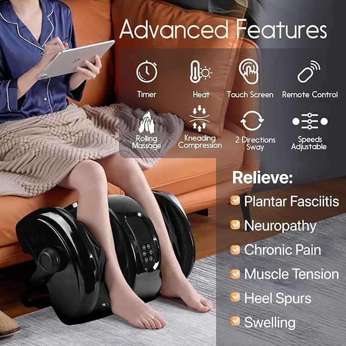 Shiatsu Foot Massager with Heat Deep Kneading Foot and Calf Leg Massager Machine for Relaxation, Muscle Pain Relief Massage (Black)