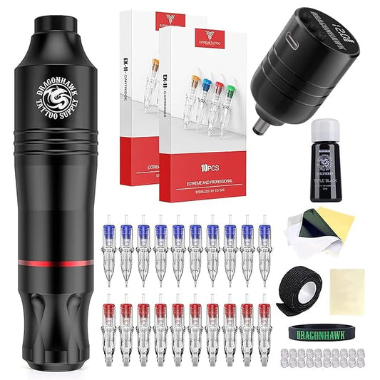 Dragonhawk Atom Wireless Tattoo Gun Pen Machine Kit - Complete Beginner Tattoo Kit with 20 Cartridge Needles, Battery Power Supply for Lining Shading