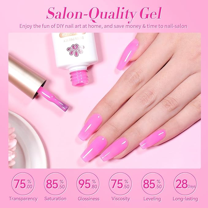 Born Pretty Jelly Gel Nail Polish Set - Milky Jelly Hot Pink Translucent Gel Polish - Spring Summer Neon Pink Valentine's Day Gift 6PCS