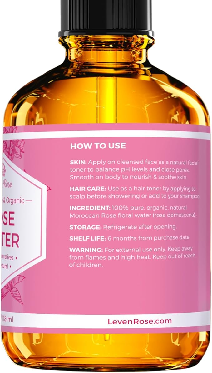 Rose Water Spray for Face by Leven Rose - Pure Natural Moroccan Rosewater Hydrosol Face Spray - Organic Rose Water for Hair 4 oz