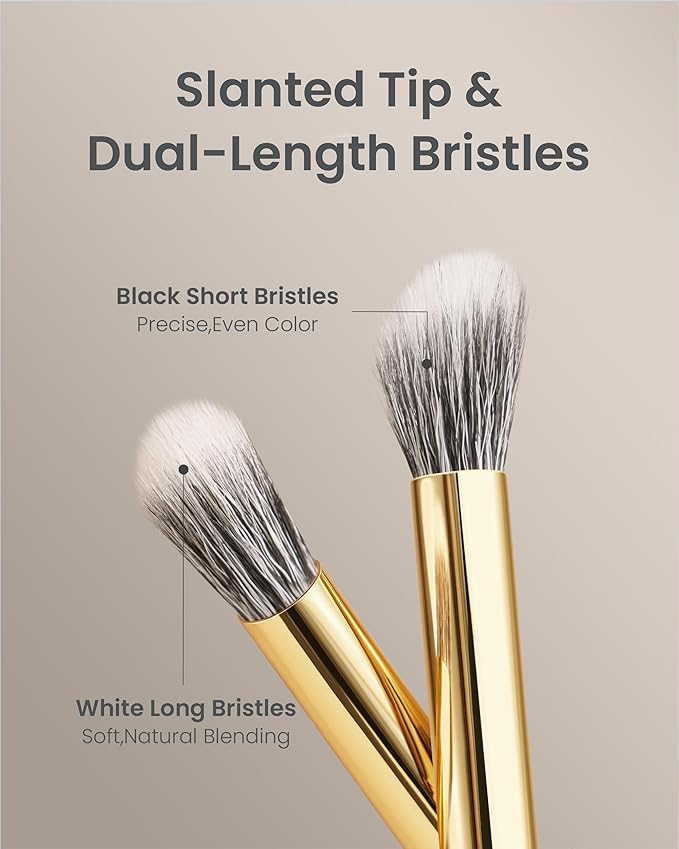 Desert Oak Series Stippling Brush - Dual-Length White & Gray LambsGoat Hair Bristles, Sloped Edge for Cream/Powder Perfection, Ebana Handle & Brass Ferrule (CM 168)