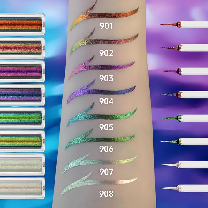 CHARMACY Multichrome Eyeliner Liquid Liner, Metallic Glitter Shimmer Eyeliner, Long Lasting High Pigmented with Waterproof & Smudge Proof Formula, Ultra-Fine Tip PURPLE GOLD GREEN 903