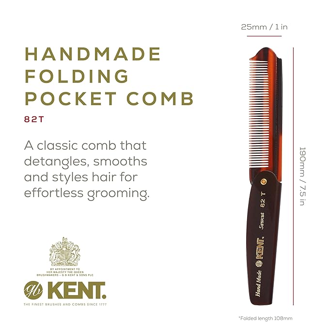 Kent 82T 4" Handmade Folding Pocket Comb for Men, Fine Tooth Hair Comb Straightener for Everyday Grooming Styling Hair, Beard or Mustache, Use Dry or with Balms, Saw Cut Hand Polished, Made in England