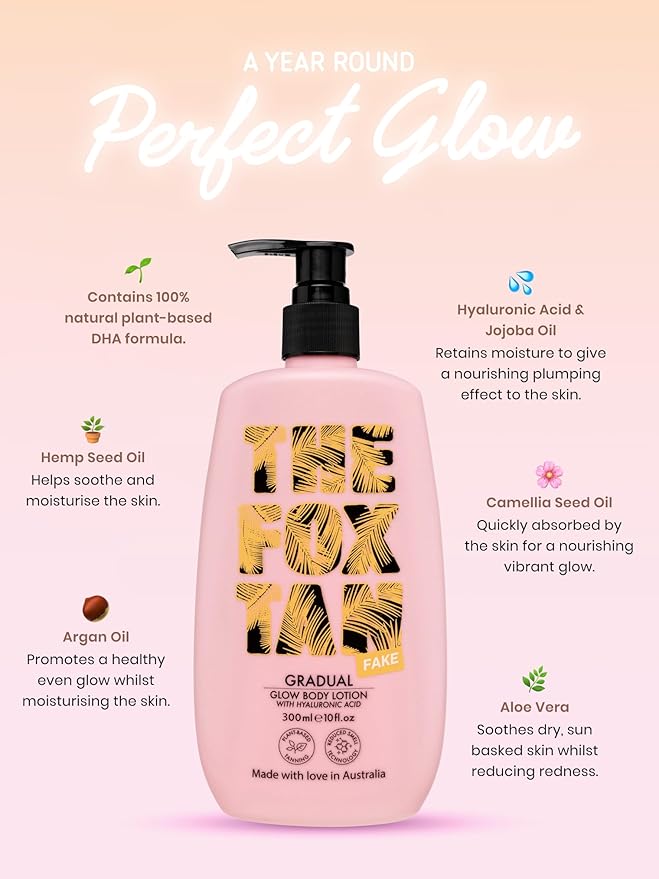 The Fox Tan Gradual Glow Body Lotion, Moisturizing Self-Tanning Lotion With Hyaluronic Acid For A Natural Streak-Free Tan, Vegan & Cruelty Free, 300mL