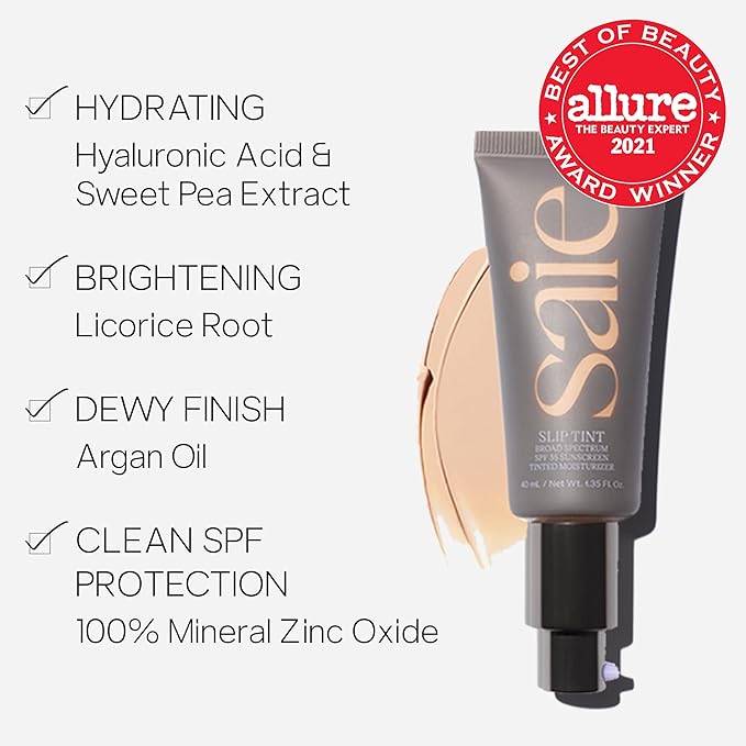 Saie Slip Tint Tinted Moisturizer with SPF 35 - Light Coverage, Glowy Skin Tint & Mineral Sunscreen for Face with Hydrating Hyaluronic Acid - Summer Makeup Essential - Shade Nine (1.35 oz)