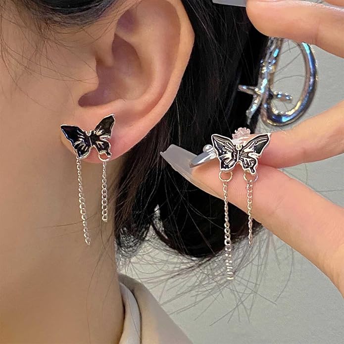 Vintage Butterfly Stud Earrings Silver Chain Tassel Dangle Earrings Black Butterfly Earrings Layer Chain Drop Earrings Jewelry for Women