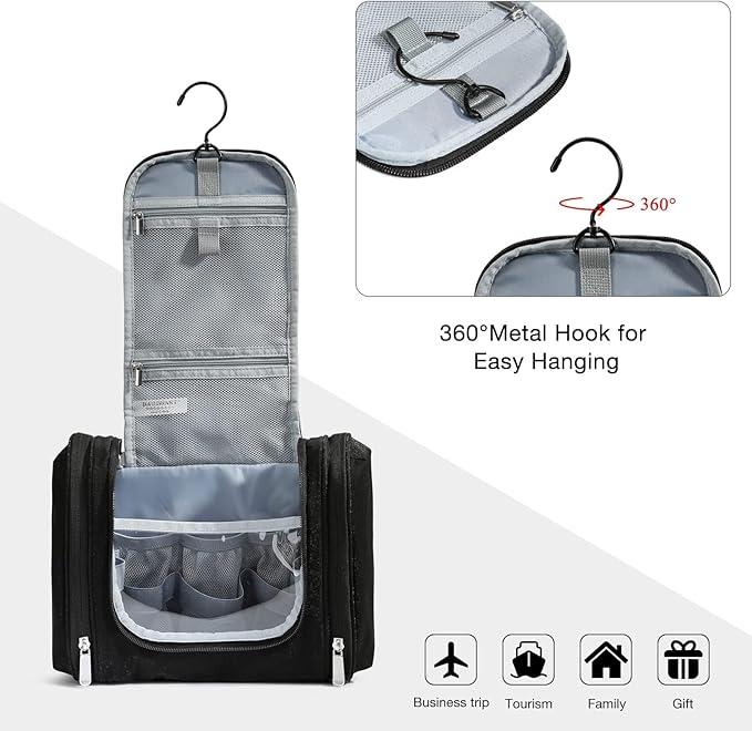BAGSMART Extra Large Toiletry Bag Hanging Toiletry Bag for Travel, Water-resistant Cosmetic Makeup Travel Bag, Capacity Travel Bag Organizer for Full-size Toiletries, Black-Large