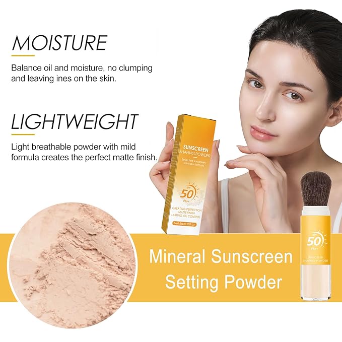 Mineral Sunscreen Setting Powder, Natural Translucent Mineral Brush Powder, SPF 50 PA++, Matte Makeup Setting Powder Long Lasting Oil Control Lightweight Breathable Face Powder for All Skin