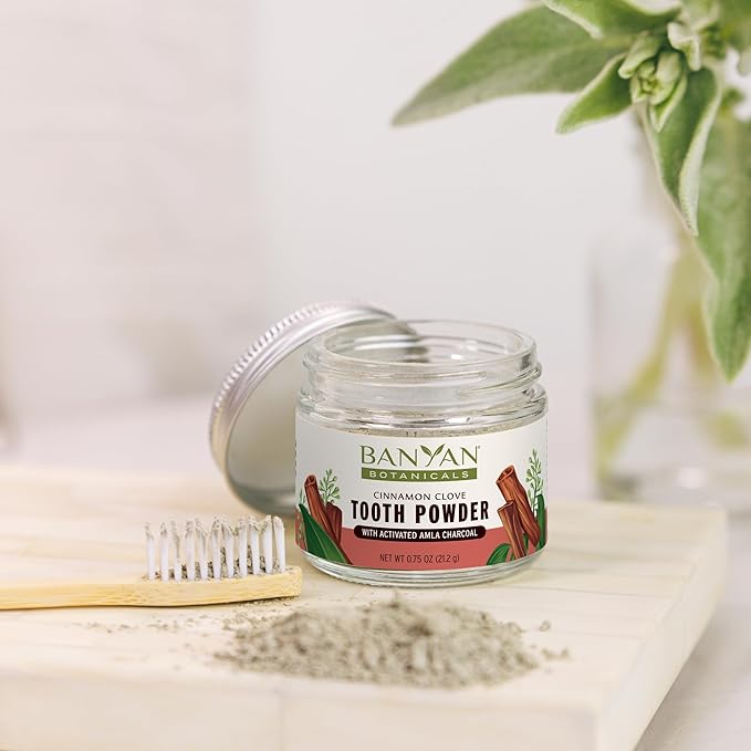 Banyan Botanicals Cinnamon Clove Tooth Powder – Ayurvedic Fluoride-Free Toothpaste Alternative with Miswak & Activated Charcoal from Amla – 0.75oz, 80+ Uses – Non GMO Sustainably Sourced Vegan