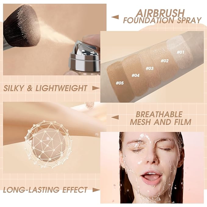 AirBrush Foundation Spray, Silky Mist Foundation Spray Makeup Set with Brush, Full Coverage Foundation for Smooth Radiant Finish, Formula Breathable Lightweight Hydrating | #01 Porcelain