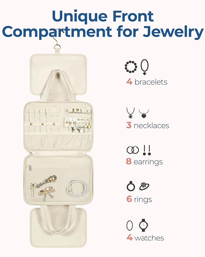 BAGSMART Travel Toiletry Bag with Jewelry Organizer, Hanging Travel Bag for Toiletries, Puffy Makeup Cosmetic Bag Organizer, Carry-on Travel Accessories Essentials, Beige-L