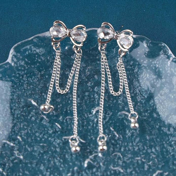 Vintage Crystal Bow Earrings Rhinestone Chain Drop Earrings Silver Long Chain Dangle Earrings Long Tassel Chain Earrings Jewelry for Women