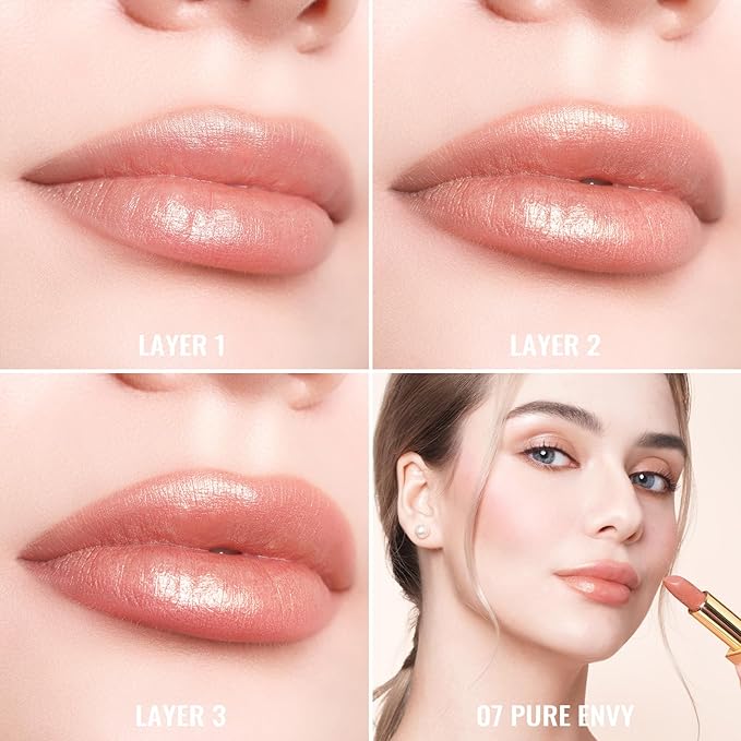 Oulac Nude Lipstick for Women with Metallic 3D Shine Lightweight Hydrating Formula, High Impact Lip Color, Vegan Beauty, Full Coverage Lip Makeup, Christmas Gifts for Women, Pure Envy(07)
