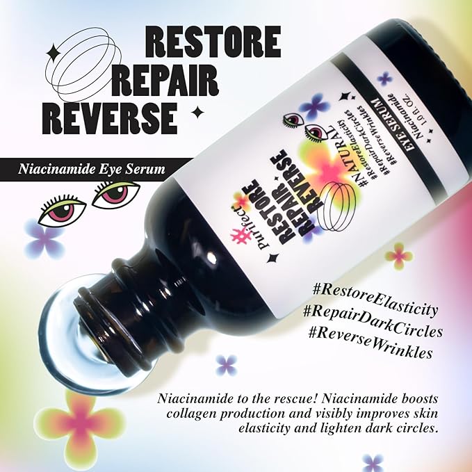 Made in USA Natural Peptide Retinol Niacinamide Eye Serum Anti Aging Brightening Firming Under Eye Care Non-greasy Formula - 1oz/30ml (#Purifect RestoreRepairReverse Niacinamide Eye Serum)