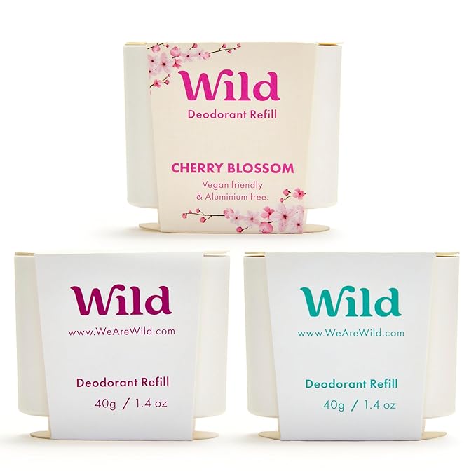 Wild - Refillable Deodorant Variety Pack - Aluminum Free - Scents Include Fresh Cotton & Sea Salt, Cherry Blossom and Coconut & Vanilla - Long Lasting Protection