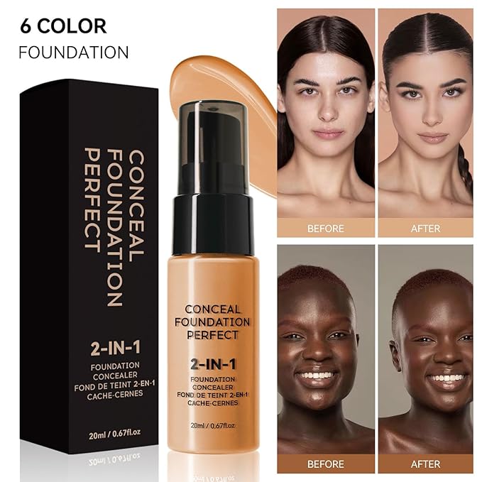 6 Colors Liquid Foundation Long-Lasting,Poreless Liquid Oil Concealer