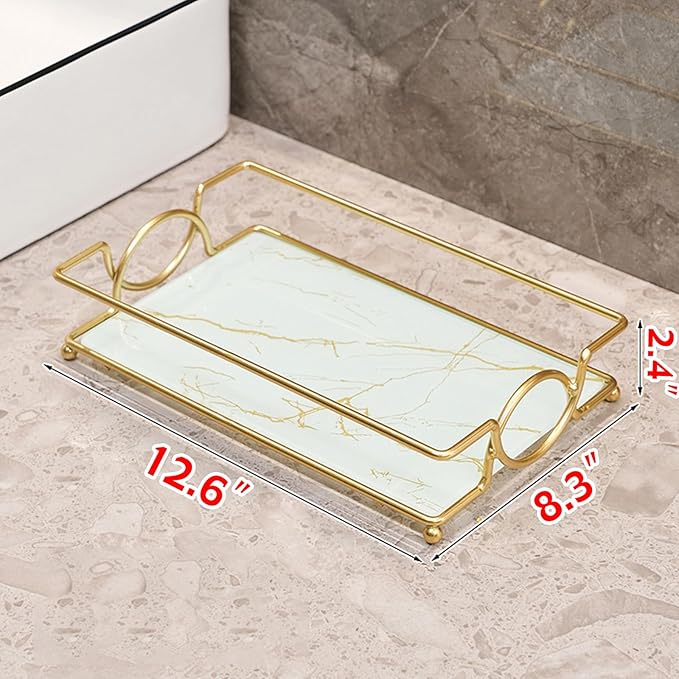 Vanity Tray Luxury Bathroom Counter Tray Glass Perfume Organizer Holder Cosmetics Makeup Skincare Display Decorative Vanity Trays for Bathroom Dresser Bedroom (Platinum, L)