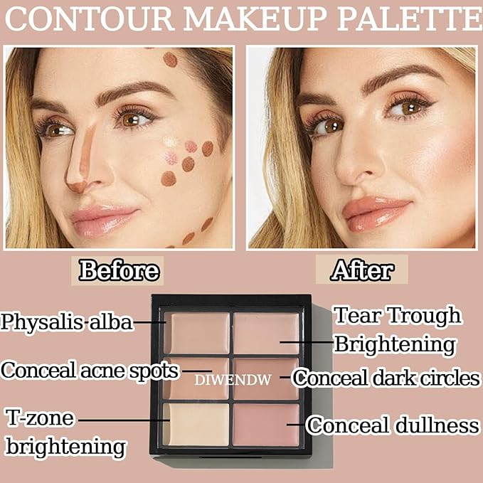 6 Colors Correcting Concealer Palette,Colors Corrector Palette,Moisturizing Full Coverage Liquid Foundation Cream Contour Makeup Palette with Brush