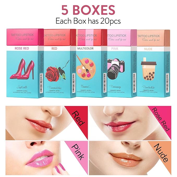 FLIPNEX 20Pcs Cotton Swab Tattoo Lipstick, Tattoo Lipstick Cotton Swab Lip Tint, Waterproof and Long Lasting Liquid Non-Stick Portable Lip Gloss (Pink)