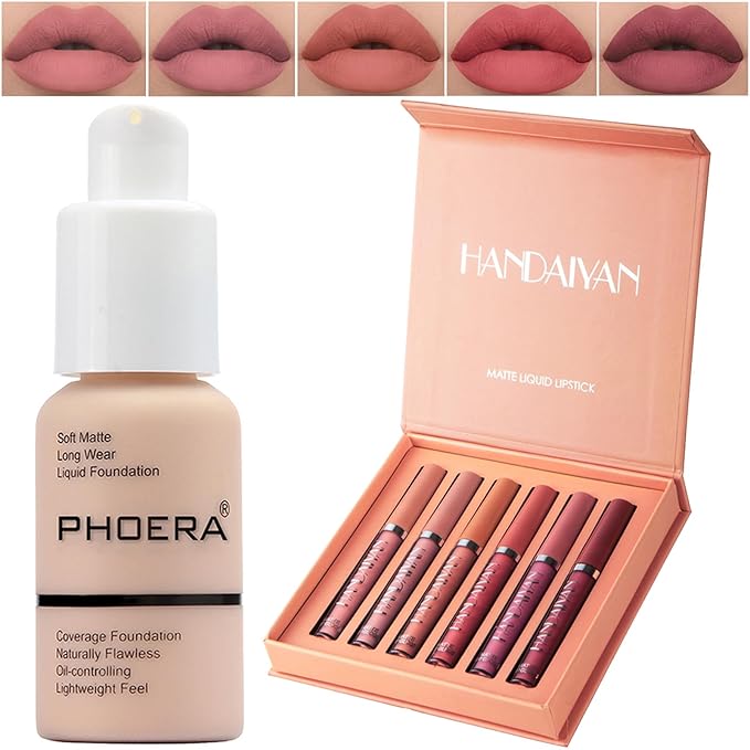 PHOERA Foundation,6Pcs Matte Liquid Lipstick Makeup Set, Matte