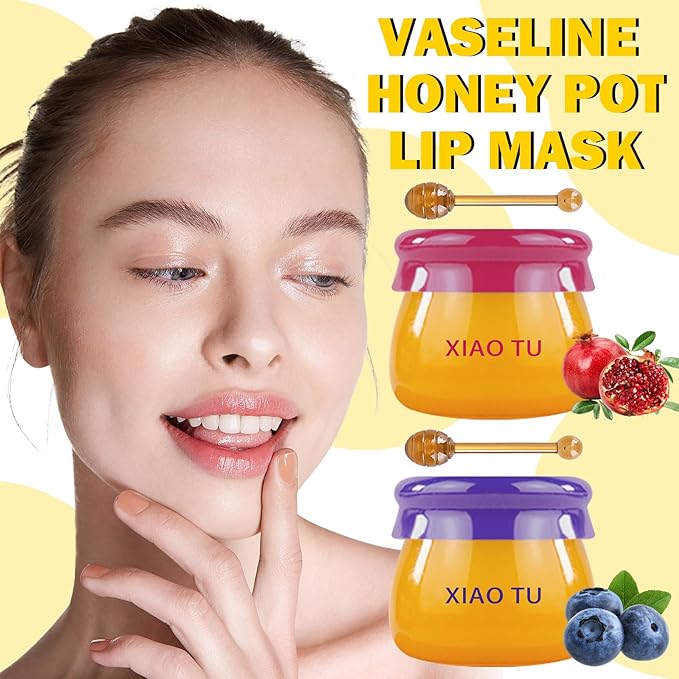 2PCS Lip Balm Honey Pot,Moisturizing Lip Sleep Mask,Prevention Dry and Cracked Overnight Sleeping Lip Mask with Brush,Reduces Lip Lines Long Lasting Hydrating Lip Care Scrubs Exfoliator
