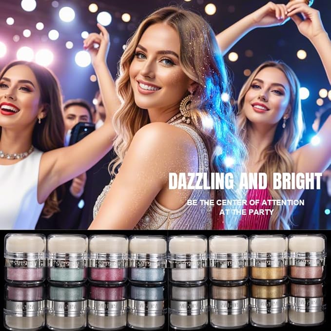 Glitter Body Highlighter Powder Body Shimmer Sparkle Face Brightening Highlighter Powder for Face Eyes Body Glow Makeup With sponge head（05#）